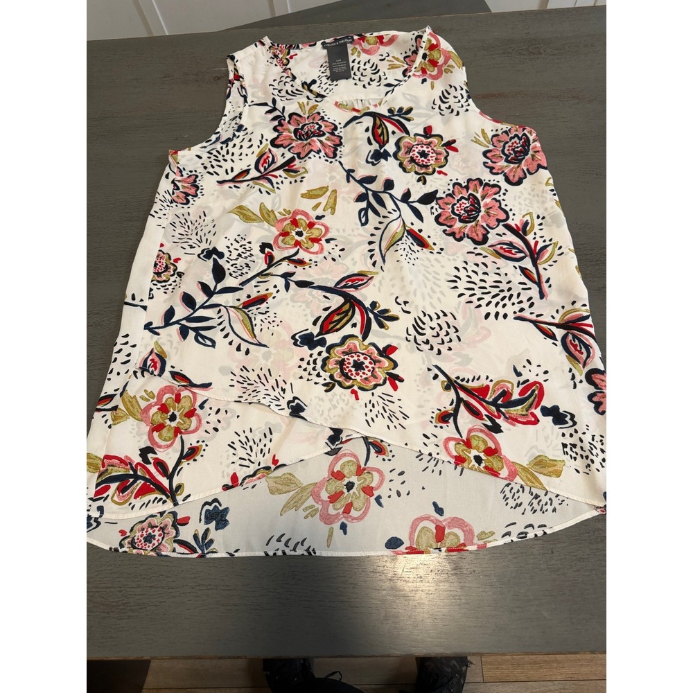 Chelsea & Theodore Floral Sleeveless Blouse Ivory Pink Navy L Layered Hem Top